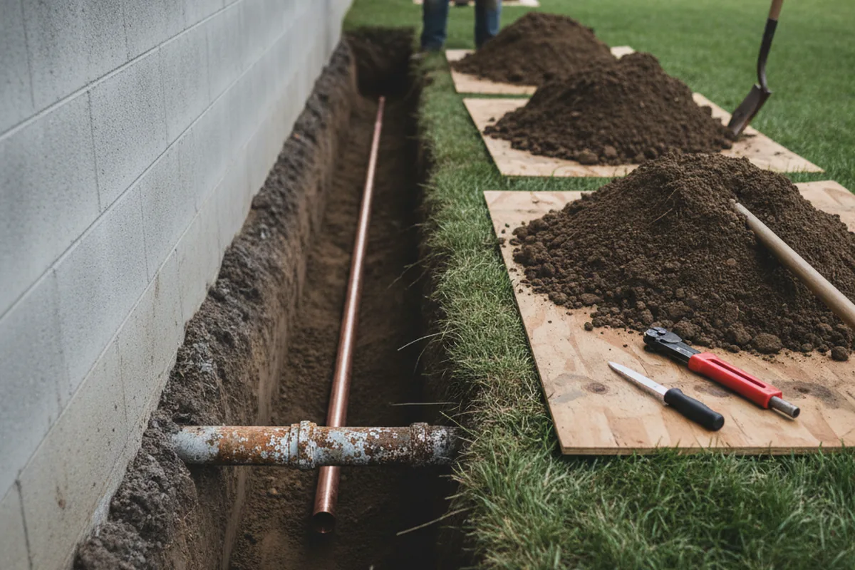 Excavated water line trench during Water Softener Installation in Pelion